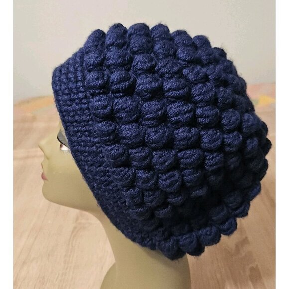 Hand-Made - Knitted Winter  Slouch Bubble Knit Hat - One-Size Navy Blue Warm - Picture 1 of 6
